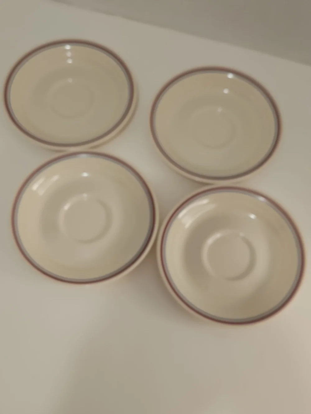 Corelle Saucers Retired Abundance Pattern, beige W/ Blue&Maroon Rings - Set of 4